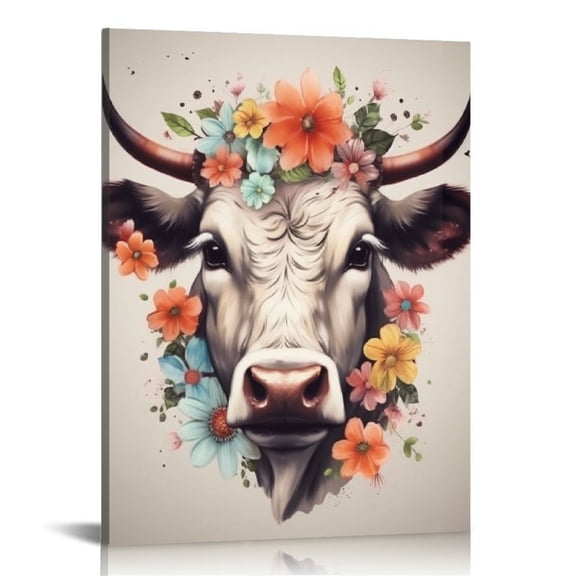 JRXY Highland Cow Poster Wearing Sunglasses and Flowers Canvas Wall Art Animal Picture for Nursery Farmhouse Kitchen Room 12x16 in