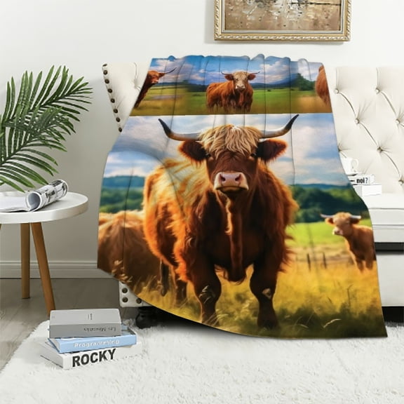 JRXY  Highland Cow Throw Blanket Highland Cow Animal Plush Blanket Gifts for Girls Women Adults Highland Cattle  Blanket Soft Cozy Warm Cow Blanket Decor for Couch Bed Dorm Sofa   White
