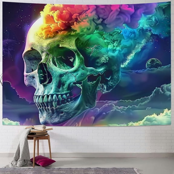JRXY Hippie Skull Moon Tapestry Wall Hanging, Gothic Space Skeleton Tapestry for Bedroom, Fantasy Starry Sky Landscape Goth Meditation Room Decor for Living Room Dorm Party Background Painting