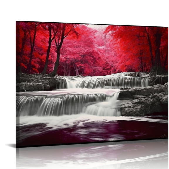 JRXY Home Wall Art Décor of Wide Waterfall and Red Leaves,Maple Leaves Canvas Prints Pictures Painting Artwork,Beautiful Black White and Red Landscape Paintings 16x12in