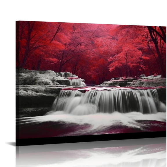 JRXY Home Wall Art Décor of Wide Waterfall and Red Leaves,Maple Leaves Canvas Prints Pictures Painting Artwork,Beautiful Black White and Red Landscape Paintings 16x12in
