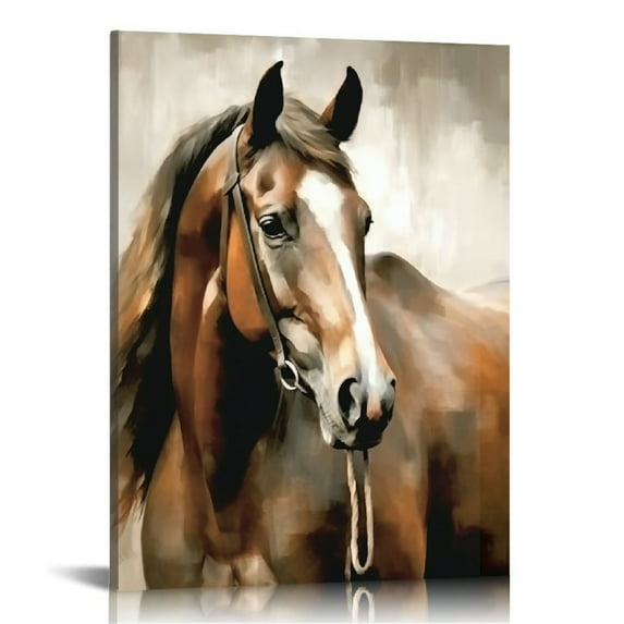 JRXY Horse Wall Art Horse Portrait Painting Print on Canvas Wall Decor Farmhouse Animal Wildlife Brown Horse Modern Artwork for Bedroom Living Room Office Decor Framed 12x16 in