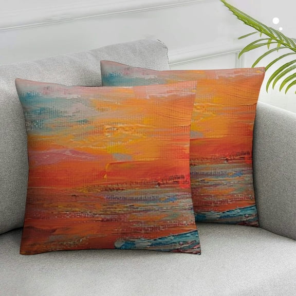 JRXY Hot Abstract Orange Blue Sunset Beach Scene Hidden Zipper Home Decorative Throw Pillow Cover Cushion Case Lumbar One Side Design Printed Pillowcase,2 Pcs White