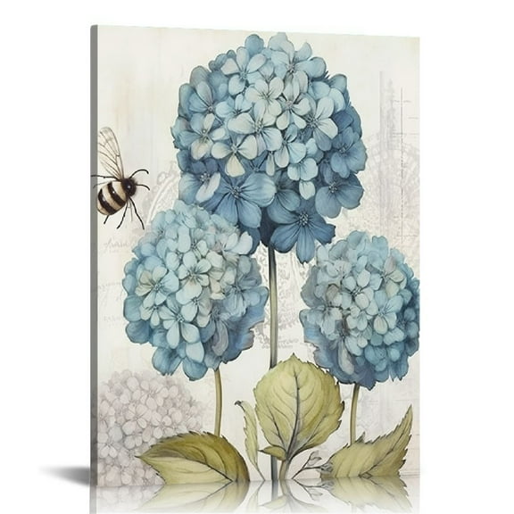JRXY Hydrangea Bee Decor Wall Art Hydrangea Around Bees Pictures Canvas Wall Decor Rustic Flower Vintage Prints Framed Artwork for Bathroom Bedroom Living Room 12x16 in