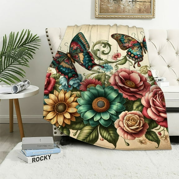 JRXY Initial Letter Floral Decorative Monogram Alphabet Rose Butterfly Flower Flannel Fleece Blanket White