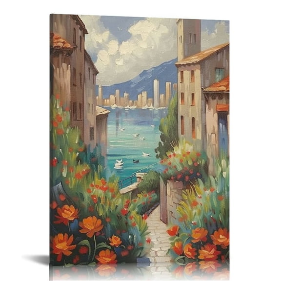 JRXY Italy Town  Wall Art Streets of Mediterranean Towns Canvas Prints Landscape Picture Framed Ready to Hang Farmhouse Decor 12x16 in