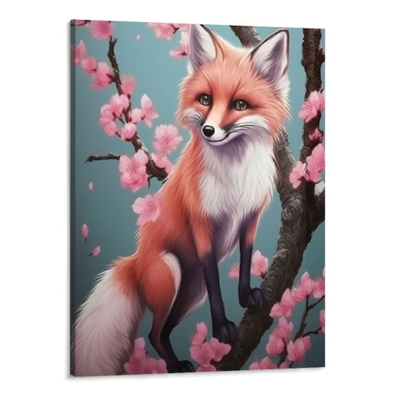 JRXY  Japanese Decor Wall Art - Fox And Sakura retro Poster Canvas Wall Art - For Living Room Bedroom Office Restaurant Magnetic Scroll Wooden Frame (16x20inch) Can Be Hung 16x20in