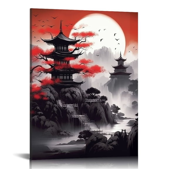 JRXY Japanese Wall Art Prints,Japanese Landscape posters,Red and Black Cherry Blossom Trees Picture Fashion Canvas Art Painting for Living Room Bedroom Wall Decor, 16x20 in