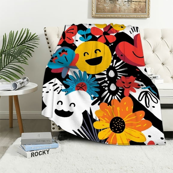 JRXY Kawaii & Smile Face Pattern Flannel Fleece Blanket White