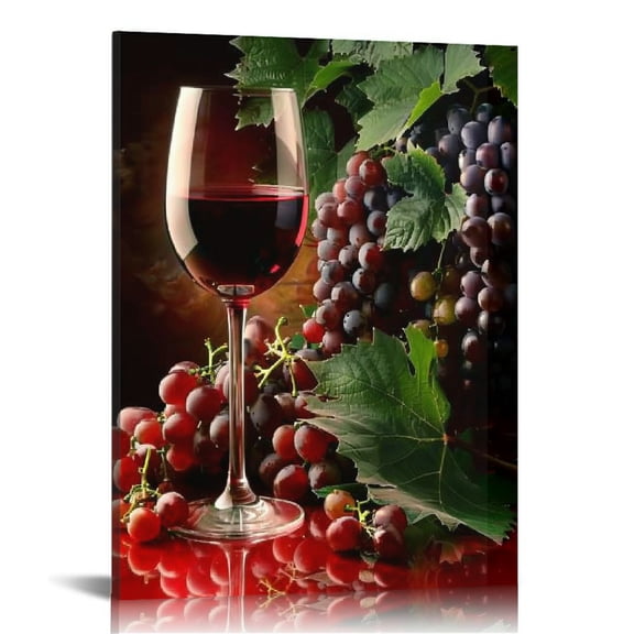 JRXY Kitchen Canvas Wall Art Black and Red Wine Painting Framed Artwork Wine Cup Bottle and Grapes Picture Prints for Dining Room Kitchen Restaurant Wall Decor 12x16 in