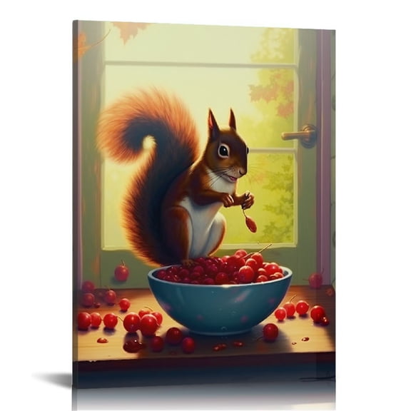JRXY Kitchen Picture Prints,Wall Art Decor Canvas Print Picture A Cooking Squirrel in The Kitchen Artwork for Bedroom Kitchen Office Home Wall Decor Framed Ready to Hang 16x20 in