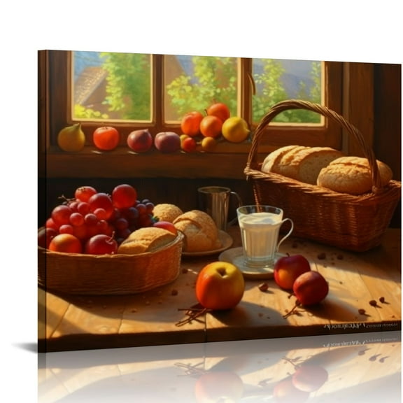 JRXY  Kitchen Picture Prints,Wall Art Decor Canvas Print Picture Basket of Fruit And Bread in The Kitchen Artwork for Bedroom Kitchen Office Home Wall Decor Framed Ready to Hang Picture 1