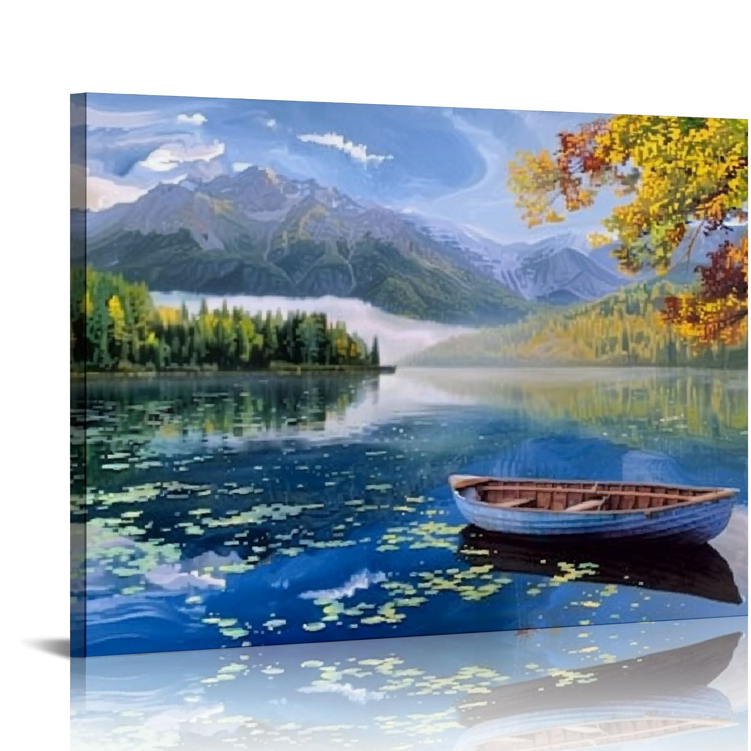 JRXY Lake Canvas Wall Art Blue Mountain Sky Nature Landscape Boat ...