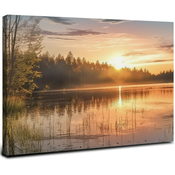 JRXY Lake Canvas Wall Art Picture: Nature Scene Artwork Sunset Scenic Print Wilderness Scenery Painting for Home Office Decor  20x16inch