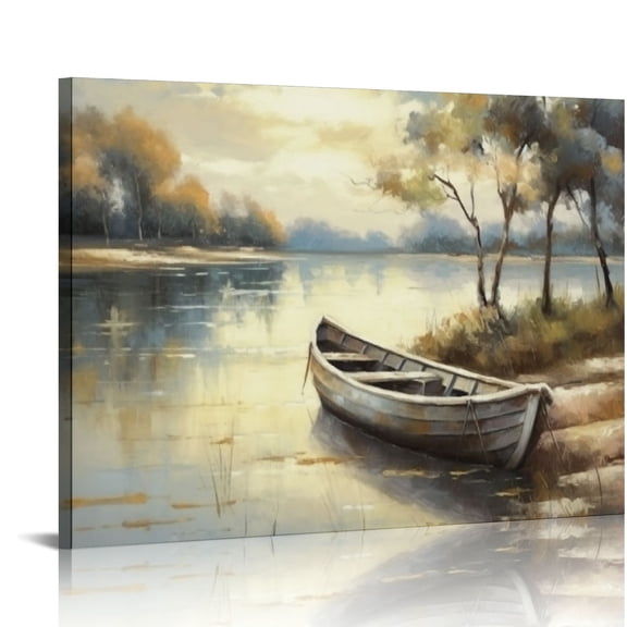 JRXY Lake Landscape Wall Art Canvas: Abstract Nature Boats Scene Oil Painting Picture Hand Painted Relaxing Sunset Forest Print Artwork for Home Office Bedroom Living Room 20x16in 16x12in