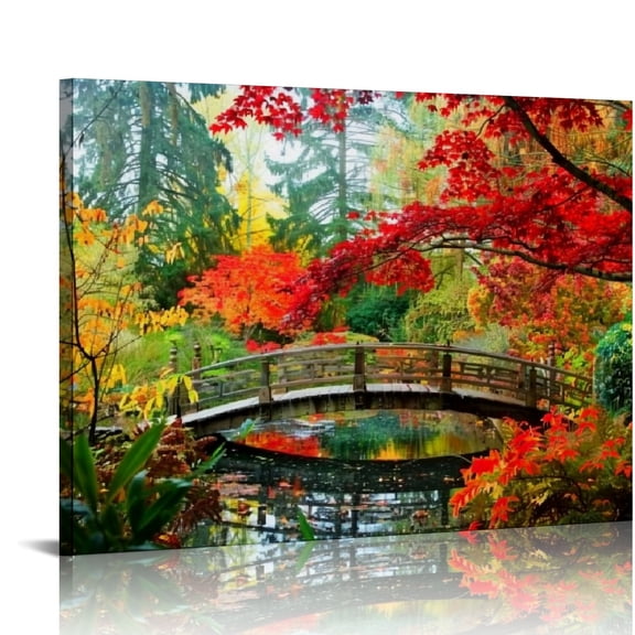 JRXY Landscape Autumn Fall Scenery Canvas Wall Art Bridge in Forest Colorful Nature Wilderness Photography Painting Print Artwork for Home Living Room Bedroom Office Decor 20x16in