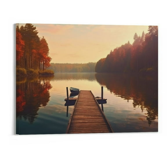 JRXY Landscape Canvas Wall Art Print: Nature Scene Lake Framed Picture Decor Large Forest Tree Dock Artwork Panoramic Fall Scenery Painting 20x16 20x16in