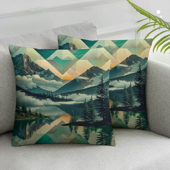 JRXY Landscape Pillow Sham, Modern Polygonal Details Mountains and Lake Reflections Captivating View, Decorative Standard Size Printed Pillowcase, Teal Salmon Cream,Set of 2 White