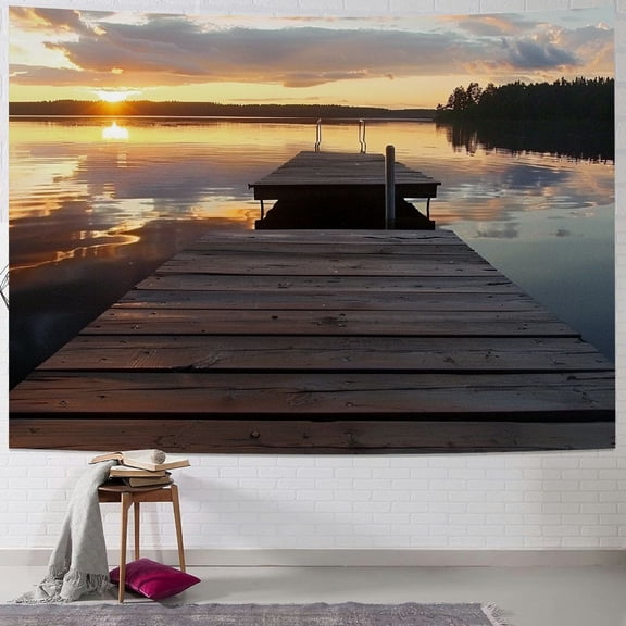 JRXY Landscape Tapestry, Serenity Relaxing Themed Port Pier Wooden Rustic Image of Dawn Sunset in Lake Art, Wide Wall Hanging for Bedroom Living Room Dorm, Foggy Gray Painting