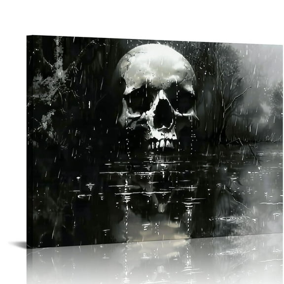JRXY Large Black and White Skull Canvas Wall Art Abstract Halloween Day of Dead Skeleton Print on Canvas Home Bedroom Decor 16x12in
