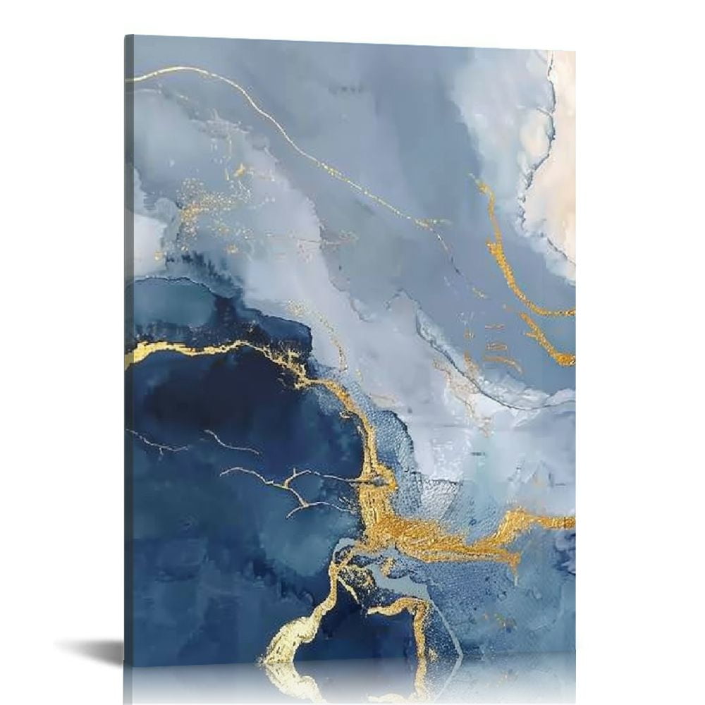 JRXY Large Blue and Gold Abstract Canvas Art Modern Wall Decor for Living Room Watercolor Painting Fluid Ink Print Picture Artwork Office Home Decoration 16x20 in