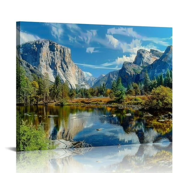 JRXY Large Canvas Wall Art Mountain and Lake Landscape Picture Canvas Art Yosemite National Park Green Forest Blue Lake Water Contemporary Nature Artwork for Home Decoration Office Wall Decor 20x16in