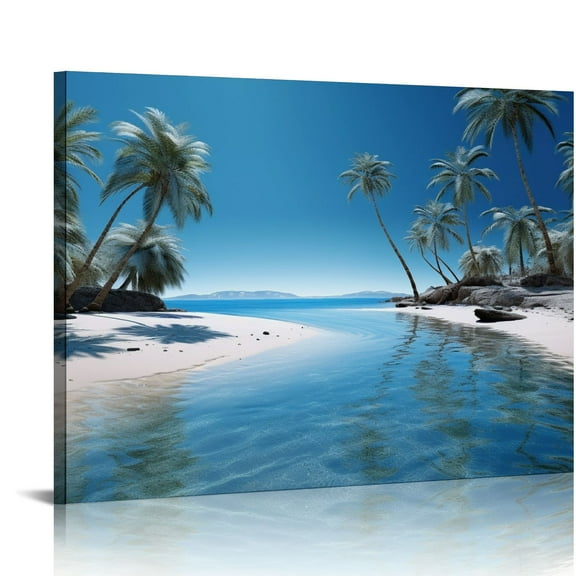 JRXY -Large Canvas Wall Art Summer Ocean Waves Coconut Trees on Sands Beach Seascape Painting Sea Nature Pictures for Living Room Home Office Wall Decor Artwork 20x16in