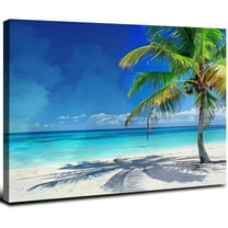 JRXY -Large Canvas Wall Art Summer Ocean Waves Coconut Trees on Sands Beach Seascape Painting Sea Nature Pictures for Living Room Home Office Wall Decor Artwork 20x16inch