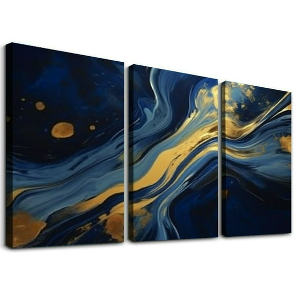 JRXY Large Framed Wall Art 12x16 Inches 3 Panels Luxury Blue Marble Gold Abstract Texture Indigo Ocean Blue Canvas Print Artwork Home Office Wall Decor 12x16x3pcs