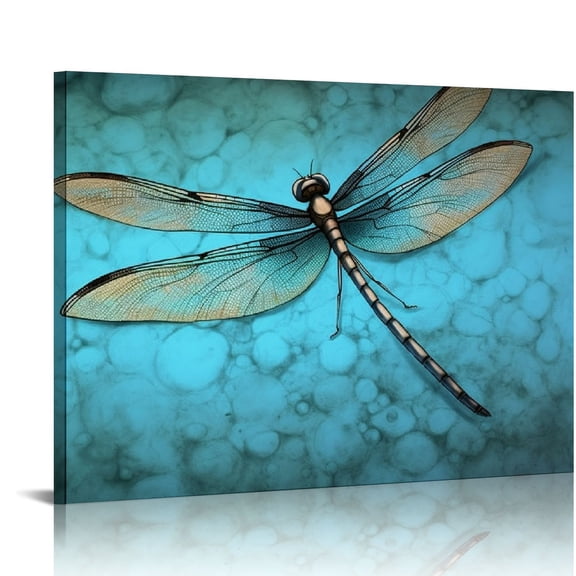 JRXY Large Insect Animal Canvas Wall Art Abstract Teal Blue Dragonfly Picture Print on Canvas Gallery Wrap for Living Room Bedroom Decoration Ready to Hang 16x12inch 16x12in