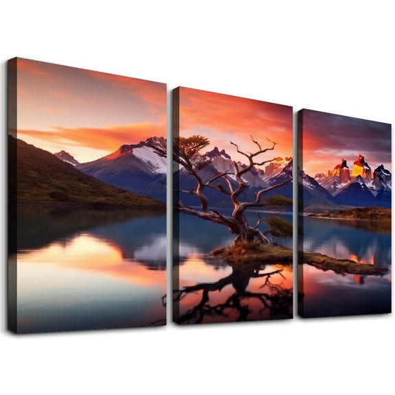 JRXY Large Nature Landscape Wall Art Mountain Lake Picture Wall Decor Canvas Scenery Painting Modern Home Decoration Artwork For Living Room Bedroom Office 12''x16''X3 Panels 12x16x3pcs