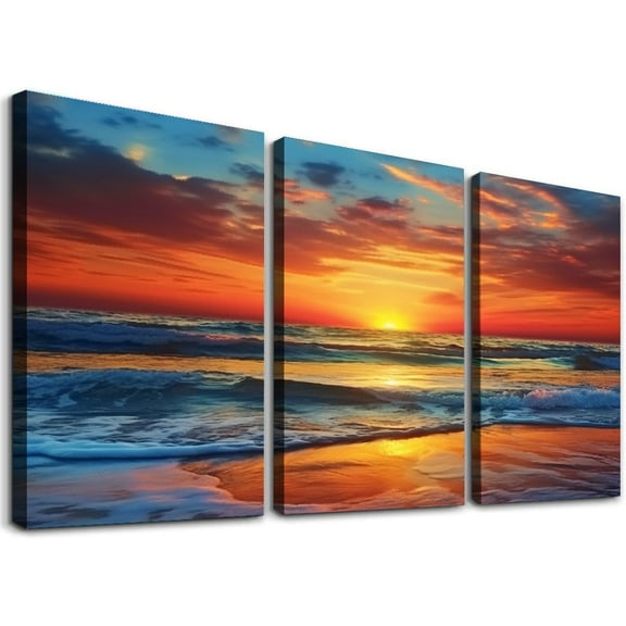 JRXY Large Ocean Wall Art Wave Painting Sunset Canvas Beach Pictures Modern Horizontal Landscape Giclee Artwork for Living Room Bedroom Home Kitchen Office 12''x16''X3 Panels 12x16x3pcs