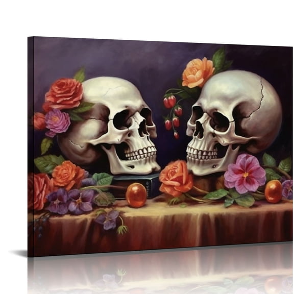 JRXY Large Skull Canvas Art Skeleton Couple Wall Decor Romantic Love Wall Picture Gothic Artwork Halloween Prints for Home Office Bedroom Living Room 20x16in