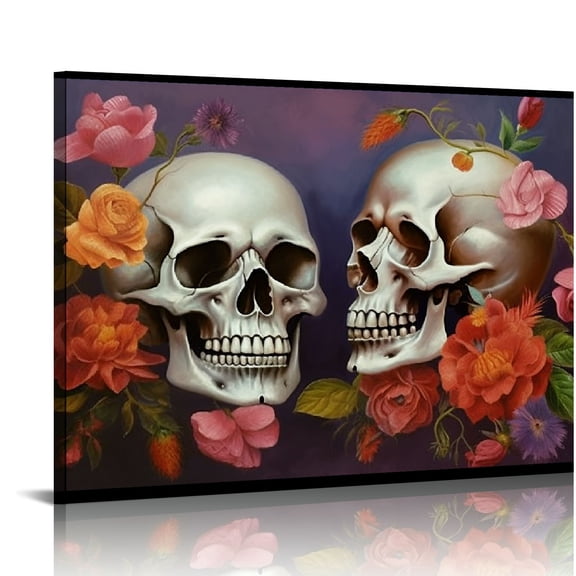 JRXY Large Skull Canvas Art Skeleton Couple Wall Decor Romantic Love Wall Picture Gothic Artwork Halloween Prints for Home Office Bedroom Living Room 20x16in