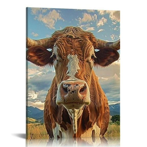 JRXY  Large Texas Animal Picture for Living Room Longhorn Steer in Rural Utah Cow with Big Horns Wall Art Farm Animals Prints on Canvas Modern Home Decor 12x16 in
