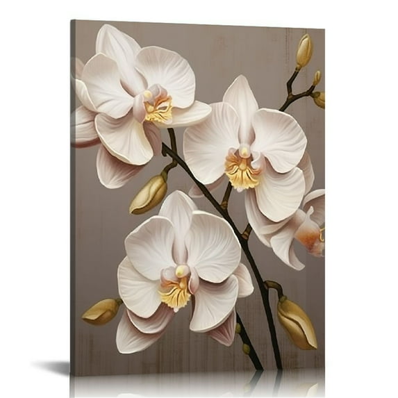 JRXY Large Vintage Floral Canvas Wall Art White Orchid Flower Painting Artwork Brown Gold Butterfly Orchid Canvas Prints Framed for Bedroom Dinning Room Living Room Office Decor 12x16 in