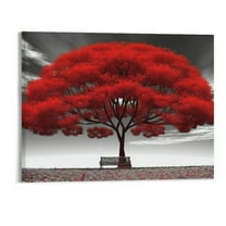 JRXY Large Wall Art Canvas Print Black and White Landscape Abstract Red Tree Bench Modern Artwork for Home Decor 20x16inch 20x16in