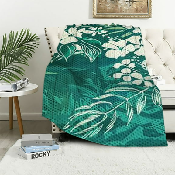JRXY Leaf Bedspread, Abstract Hawaiian Exotic Hibiscus Flowers and Banana Palm Leaves Art Print, Decorative Quilted Petrol Blue White
