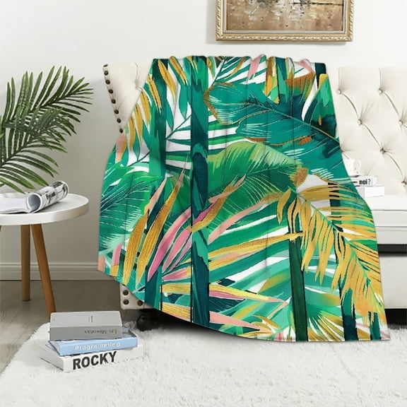 JRXY Leaf Blanket Cozy Flannel Palm Leaf Throw Blanket Monstera Throw Green Stripes Plush Tropical Rainforest Blanket for Adults Soft Plant Blanket for Couch Sofa Camping White