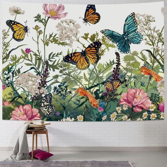JRXY Leaf Butterfly Tapestry Wall Hanging, Sage Green Leaves and Flowers with Butterflies Wall Hanging Tapestry Spring Plant Tapestry for Bedroom Living Room Wall Decor Painting