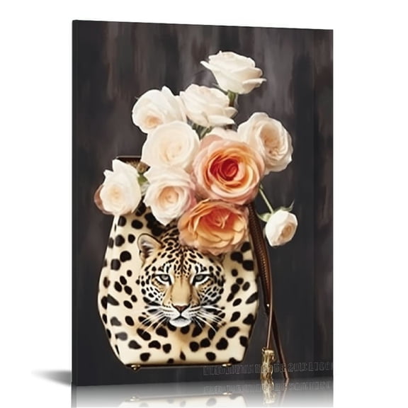 JRXY  Leopard Fashion Canvas Wall Art Makeup Handbags Artwork for Women Girls Room Living Room Decor Stretched and Framed Ready to Hang  12x16 in