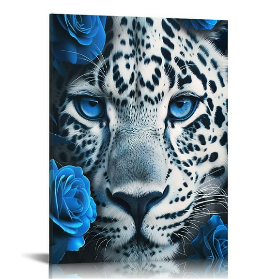 JRXY Leopard Framed Canvas Wall Art Blue Eyes and Blue Roses Wall Decor Captivating Close-up of Leopard's Face Perfect Modern Home Decor for Living Room Home Bedroom Decoration 12x16 in