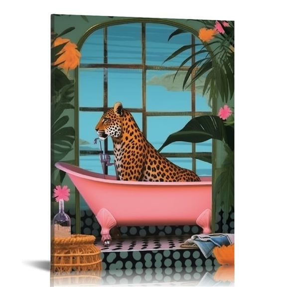 JRXY Leopard in Bathtub Canvas Poster Painting Bathroom Wall Art Botanical Animal Picture Artwork Framed Print Home Decor 12x16 in