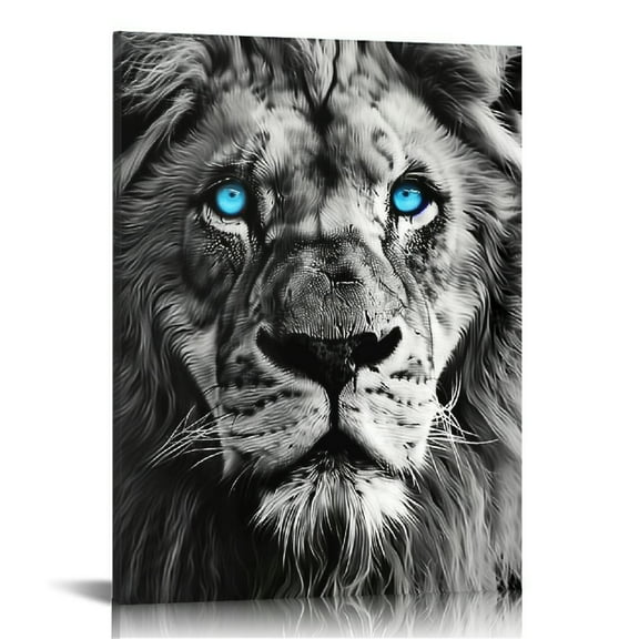 JRXY  Lion Canvas Wall Art Black and White Wild Animal Pictures Print Lion Blue Eyes Painting Poster Modern Artwork Wooden Wall Decor for Living Room Bedroom Office Home Decoration 12x16 in