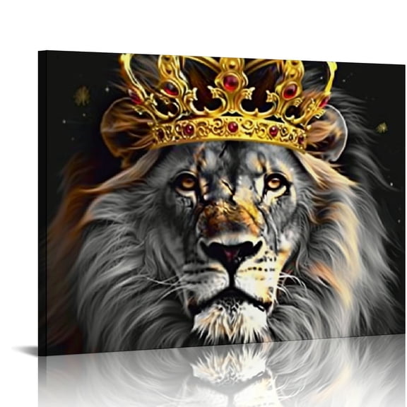 JRXY  Lion and Lioness Canvas Wall Art Black and White King and Queen with Gold Crown Picture Artwork Giclee Print Gallery Wrap for Bedroom Home Decor Ready to Hang  16x12in