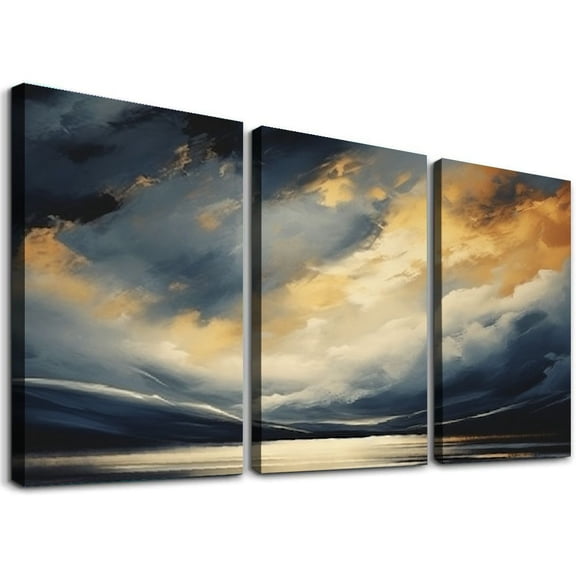 JRXY Living Room Canvas Wall Art Navy Blue Gold Abstract Print Ready to Hang 12x16 Inches 3 Panels 12x16x3pcs