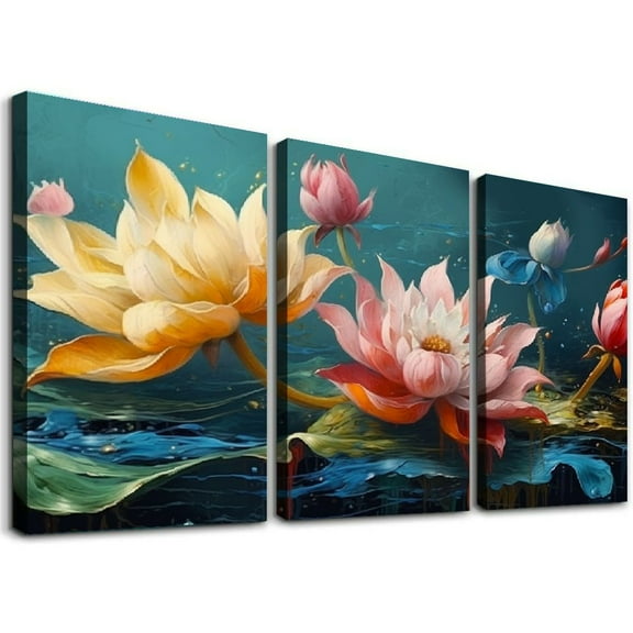 JRXY Lotus Flower Watercolor Large Wall Art for Living Room Decor, Colorful Floral Canvas Print Painting, 12''x16''X3 Panels 12x16x3pcs