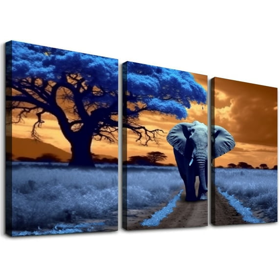 JRXY LyeArtork Elephant Wall Art Canvas Prints Wall Decor Royal Blue Tree and Moon Artwork for Living Room Bedroom Bathroom 12x16in x3 panel 12x16x3pcs