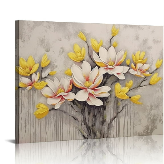 JRXY  Magnolia Flower Painting Canvas Art Abstract Blossom Pictures Pink and Grey Wall Decor Ready to Hang 20x16in