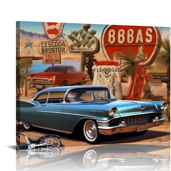 JRXY  Map Wall Art Old Fashioned Cars Motorcycle Canvas Print USA Flag Art Vintage Framed Wall Art Modern Giclee Artwork for Living Room Bedroom Decoration Ready to Hang 16x12in